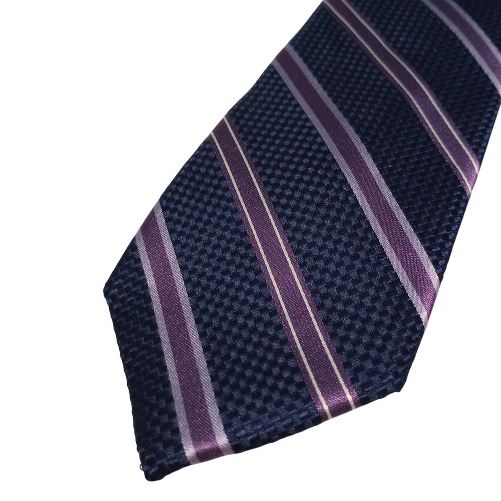 Michael Kors Mens Silk Tie Navy Blue Purple Silver Striped Textured Necktie